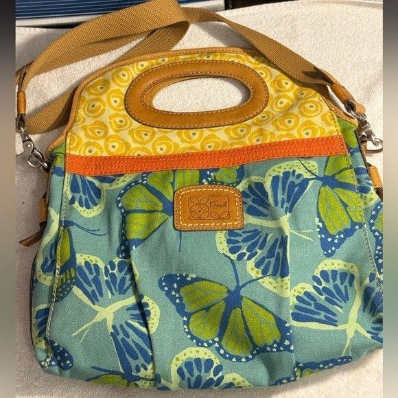 Fossil Floral Boho Canvas W/Leather Strap Hobo Shoulder Bag Sz 14X14X3 - Picture 1 of 10